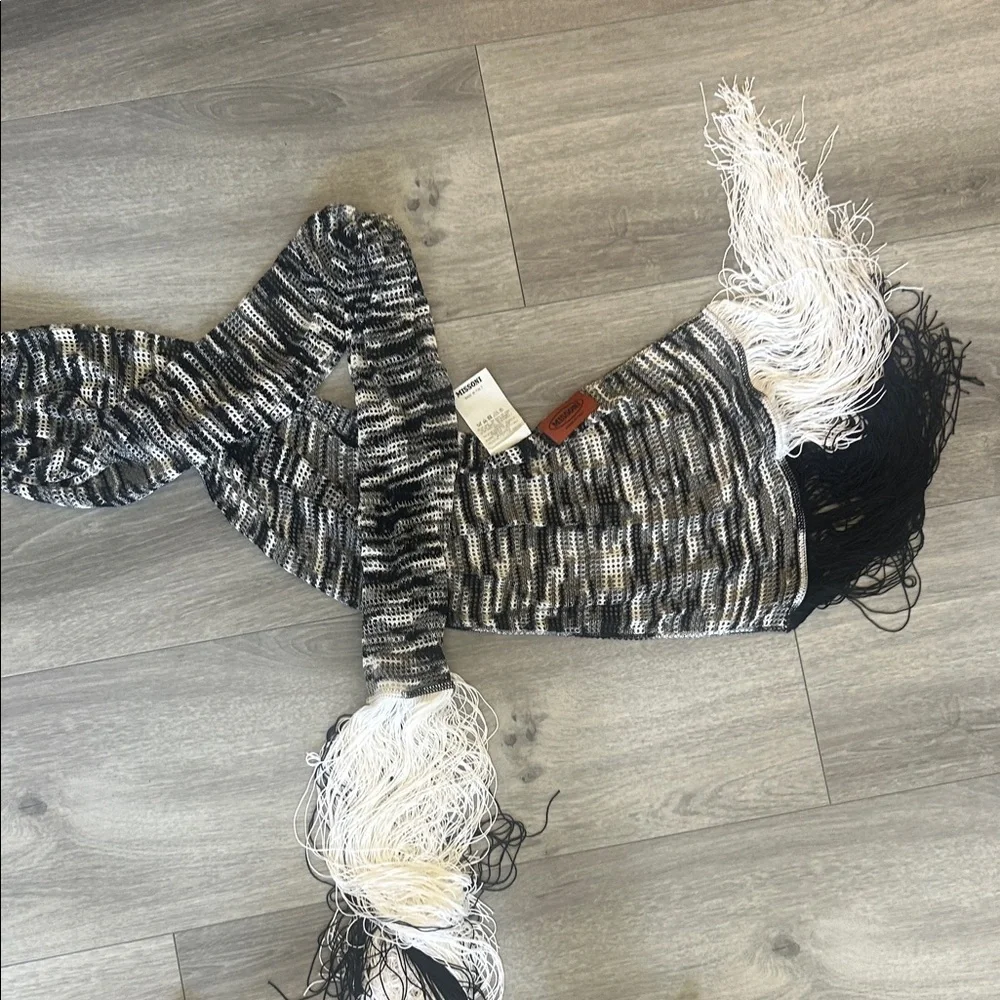 MISSONI RARE Vintage Viscose Black and White Fringe Long Scarf